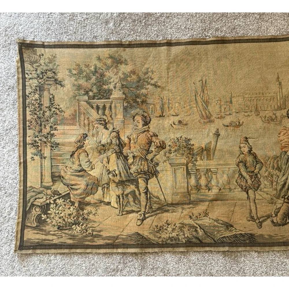 Antique Belgian French Jacquard Woven Tapestry Venetian Harbor Rococo Panel
